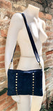 Crossbody bag. Boho suede leather bag in navy blue with bronze color tacks. Messenger bag in genuine suede leather. Navy blue suede purse.