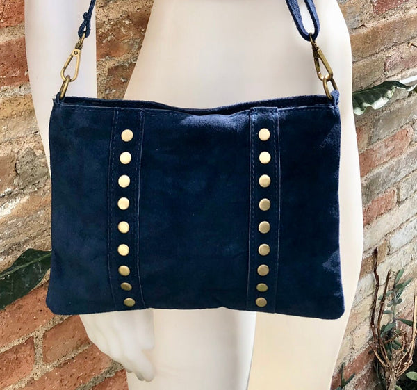 Crossbody bag. Boho suede leather bag in navy blue with bronze color tacks. Messenger bag in genuine suede leather. Navy blue suede purse.