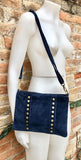 Crossbody bag. Boho suede leather bag in navy blue with bronze color tacks. Messenger bag in genuine suede leather. Navy blue suede purse.