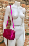 Small leather bag in metallic fuchsia pink. Genuine leather cross body / shoulder bag. Hot pink glitter purse. Adjustable strap.Gold accents