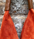 Slouch leather bag in orange suede .Genuine leather large shoulder bag. Bright orange suede origami bag. Orange suede purse