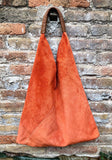 Slouch leather bag in orange suede .Genuine leather large shoulder bag. Bright orange suede origami bag. Orange suede purse