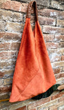 Slouch leather bag in orange suede .Genuine leather large shoulder bag. Bright orange suede origami bag. Orange suede purse