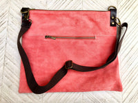 CORAL RED suede messenger bag with brown strap. Soft genuine leather crossbody / shoulder bag for books, tablets. Salmon pink suede purse