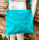 TURQUOISE BLUE suede messenger bag with suede strap. Soft genuine leather crossbody / shoulder bag for books, tablets. TURQUOISE suede purse