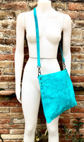 TURQUOISE BLUE suede messenger bag with suede strap. Soft genuine leather crossbody / shoulder bag for books, tablets. TURQUOISE suede purse