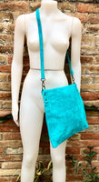 TURQUOISE BLUE suede messenger bag with suede strap. Soft genuine leather crossbody / shoulder bag for books, tablets. TURQUOISE suede purse