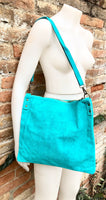 TURQUOISE BLUE suede messenger bag with suede strap. Soft genuine leather crossbody / shoulder bag for books, tablets. TURQUOISE suede purse