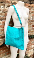 TURQUOISE BLUE suede messenger bag with suede strap. Soft genuine leather crossbody / shoulder bag for books, tablets. TURQUOISE suede purse