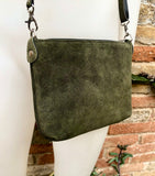 Suede leather bag in dark green. Cross body bag, shoulder bag in GENUINE leather. Small green suede purse with adjustable strap and zipper.