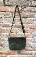 Suede leather bag in dark green. Cross body bag, shoulder bag in GENUINE leather. Small green suede purse with adjustable strap and zipper.