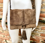 Cross body bag. Boho leather bag in taupe brown. Soft genuine suede leather. Crossover, messenger bag in suede. Gray - brown small bag