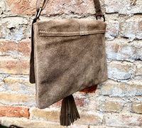 Cross body bag. Boho leather bag in taupe brown. Soft genuine suede leather. Crossover, messenger bag in suede. Gray - brown small bag