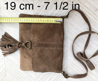 Cross body bag. Boho leather bag in taupe brown. Soft genuine suede leather. Crossover, messenger bag in suede. Gray - brown small bag