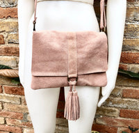 Pink crossbody bag. Boho leather bag in light pink. Soft genuine suede leather. Crossover, messenger bag in suede. Small pink suede bag.