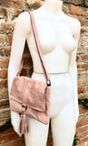 Pink crossbody bag. Boho leather bag in light pink. Soft genuine suede leather. Crossover, messenger bag in suede. Small pink suede bag.