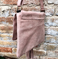 Pink crossbody bag. Boho leather bag in light pink. Soft genuine suede leather. Crossover, messenger bag in suede. Small pink suede bag.