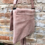 Pink crossbody bag. Boho leather bag in light pink. Soft genuine suede leather. Crossover, messenger bag in suede. Small pink suede bag.