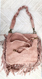 Dusty pink crossbody / shoulder bag. Light pink boho FRINGED suede leather bag. Genuine leather messenger with 2 straps. Pink suede purse