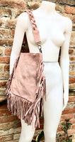 Dusty pink crossbody / shoulder bag. Light pink boho FRINGED suede leather bag. Genuine leather messenger with 2 straps. Pink suede purse