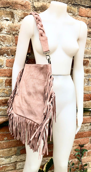 Dusty pink crossbody / shoulder bag. Light pink boho FRINGED suede leather bag. Genuine leather messenger with 2 straps. Pink suede purse