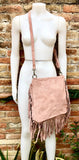 Dusty pink crossbody / shoulder bag. Light pink boho FRINGED suede leather bag. Genuine leather messenger with 2 straps. Pink suede purse