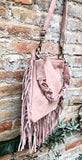 Dusty pink crossbody / shoulder bag. Light pink boho FRINGED suede leather bag. Genuine leather messenger with 2 straps. Pink suede purse