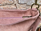 Dusty pink crossbody / shoulder bag. Light pink boho FRINGED suede leather bag. Genuine leather messenger with 2 straps. Pink suede purse