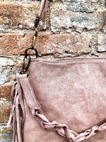 Dusty pink crossbody / shoulder bag. Light pink boho FRINGED suede leather bag. Genuine leather messenger with 2 straps. Pink suede purse