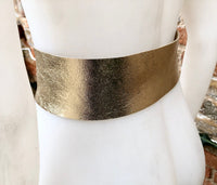 GOLD metallic leather waist belt with large round buckle. Soft leather belt in gold. Boho glitter genuine leather belt. Gold waist belt