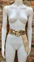 GOLD metallic leather waist belt with large round buckle. Soft leather belt in gold. Boho glitter genuine leather belt. Gold waist belt