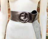 Dark SILVER leather waist belt with large round buckle. Soft leather belt in metallic gray. Genuine leather belt. Dark SILVER waist belt