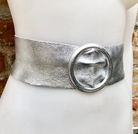 SILVER metallic leather waist belt with large round buckle. Soft leather belt in SILVER. Wide glitter genuine leather belt. Gold waist belt