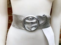 SILVER metallic leather waist belt with large round buckle. Soft leather belt in SILVER. Wide glitter genuine leather belt. Gold waist belt