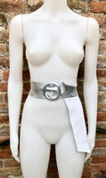 SILVER metallic leather waist belt with large round buckle. Soft leather belt in SILVER. Wide glitter genuine leather belt. Gold waist belt