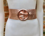 Pink GOLD metallic leather waist belt with large round buckle. Soft leather belt in gold. Boho glitter genuine leather belt.Pink waist belt