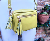 Small leather yellow bag. GENUINE leather shoulder or cross body bag. Lime yellow leather purse with tassels, adjustable strap and zipper