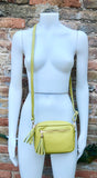 Small leather yellow bag. GENUINE leather shoulder or cross body bag. Lime yellow leather purse with tassels, adjustable strap and zipper