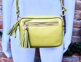 Small leather yellow bag. GENUINE leather shoulder or cross body bag. Lime yellow leather purse with tassels, adjustable strap and zipper