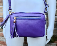 Small leather PURPLE bag. GENUINE leather shoulder or cross body bag. Mauve purple leather purse with tassels, adjustable strap and zipper