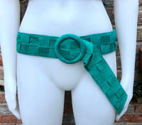 Turquoise GREEN waist belt with large round buckle. Boho soft suede wide belt in GREEN Genuine natural green suede leather. Green dress belt