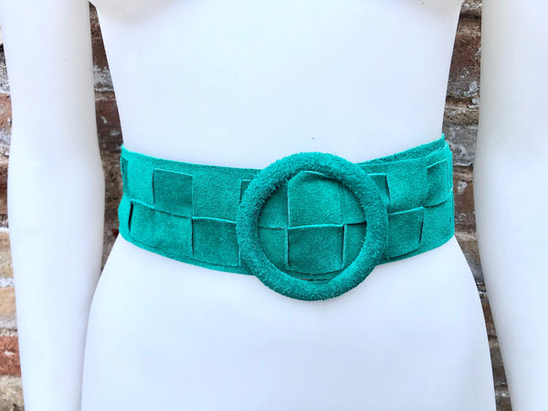 Turquoise GREEN waist belt with large round buckle. Boho soft suede wide belt in GREEN Genuine natural green suede leather. Green dress belt