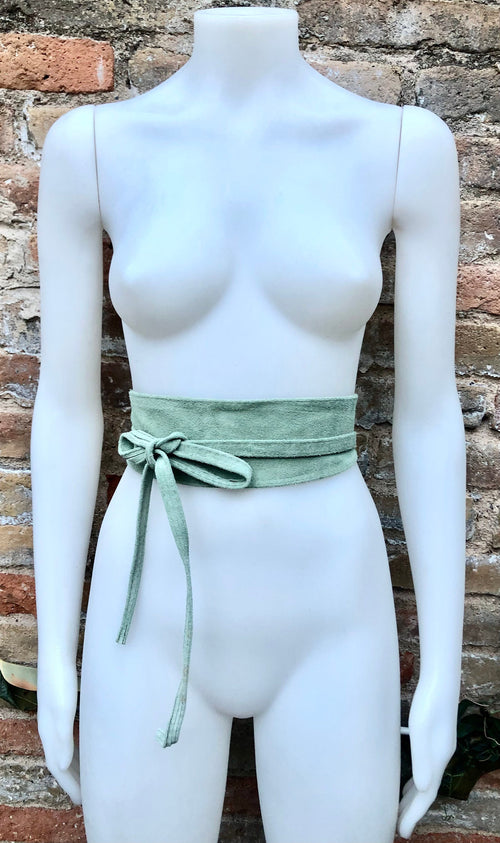 Sage green suede OBI belt. Light green natural soft suede waist belt. Light green suede boho belt, green wraparound genuine leather belt.