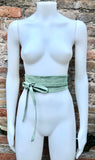 Sage green suede OBI belt. Light green natural soft suede waist belt. Light green suede boho belt, green wraparound genuine leather belt.