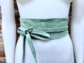 Sage green suede OBI belt. Light green natural soft suede waist belt. Light green suede boho belt, green wraparound genuine leather belt.