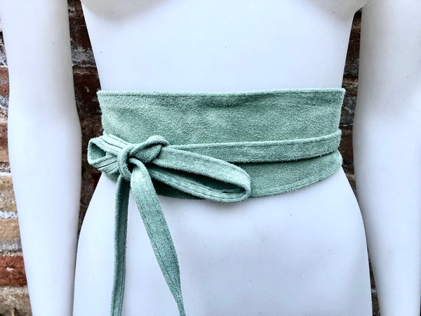 Sage green suede OBI belt. Light green natural soft suede waist belt. Light green suede boho belt, green wraparound genuine leather belt.