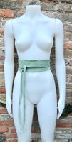 Sage green suede OBI belt. Light green natural soft suede waist belt. Light green suede boho belt, green wraparound genuine leather belt.