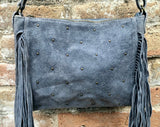 Cross body / shoulder blue fringe bag. BOHO suede leather bag with FRINGES. Genuine suede crossbody hippy bag. Blue fringed purse. 2 straps