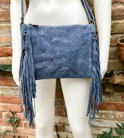 Cross body / shoulder blue fringe bag. BOHO suede leather bag with FRINGES. Genuine suede crossbody hippy bag. Blue fringed purse. 2 straps