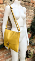 Yellow crossbody leather bag. Soft genuine leather bag. Mustard yellow messenger. Yellow purse with zipper, flap and adjustable strap.